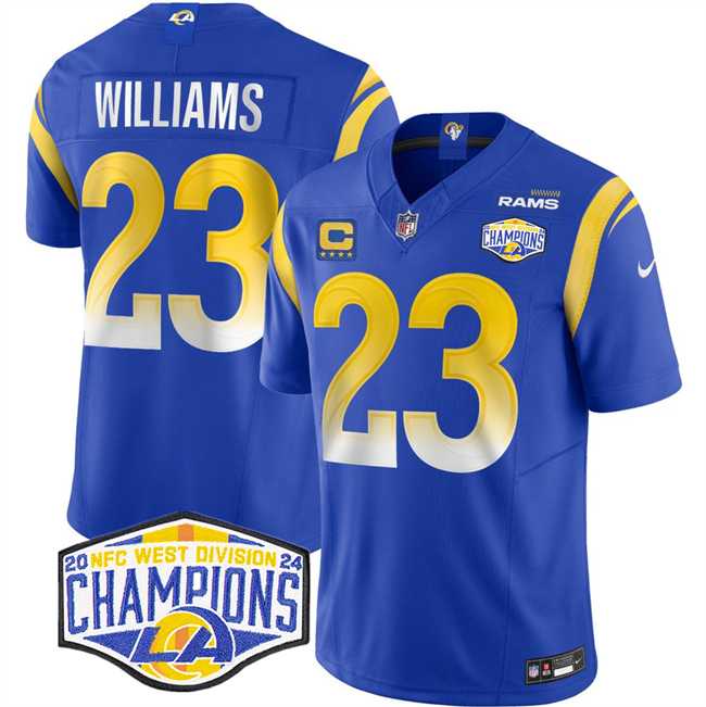 Mens Los Angeles Rams #23 Kyren Williams Blue 2024 NFC West Champions With 4-Star C Patch F.U.S.E. Vapor Untouchable Stitched Jersey->los angeles rams->NFL Jersey
